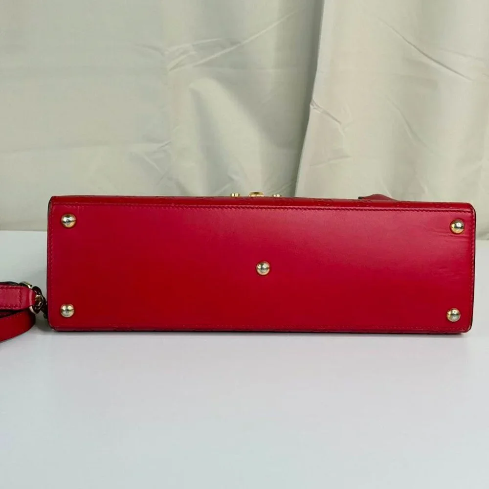 Gucci GG Logo Printed Red Leather Padlock Shoulder Bag with Gold Tone Lock